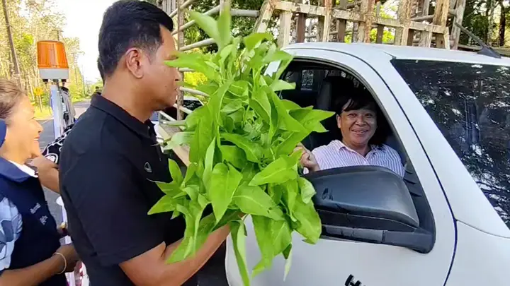 ใหม่ด่านดุ! นายอำเภอโบกทุกคัน แจกน้ำดื่ม-ผ้าเย็น ลูกอม ผักพื้นบ้าน ช่วงเดินทางปีใหม่